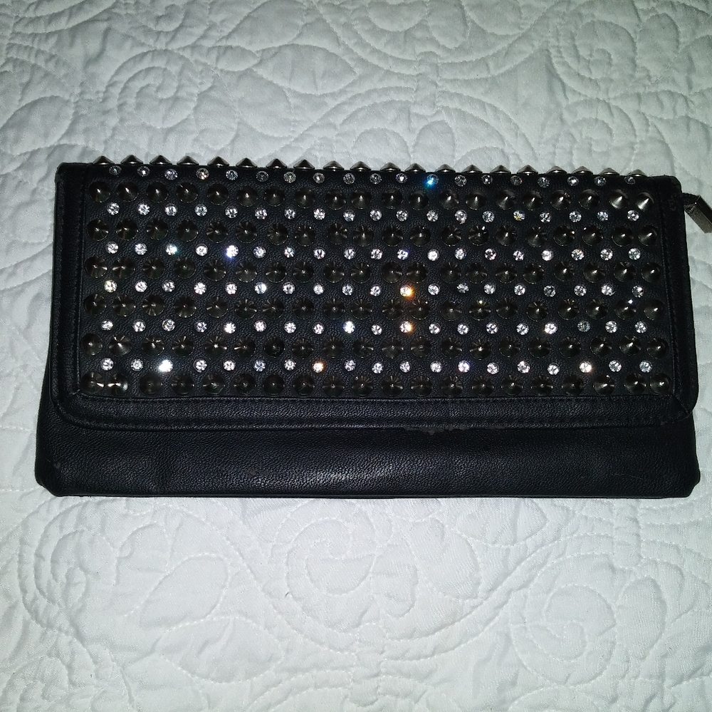 Leather studded & rhinestone clutch